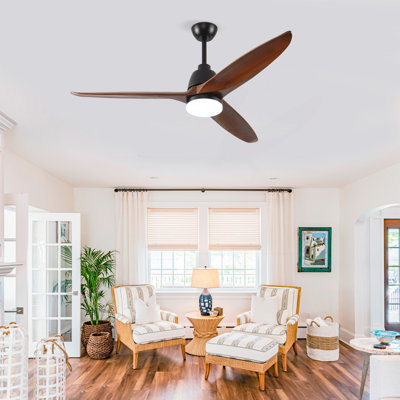 Hot Sales 52 Inch Modern Black Ceiling Fan With 3 Color Dimmable 3 Solide Wood Blades Remote Control Reversible DC Motor With Led Light