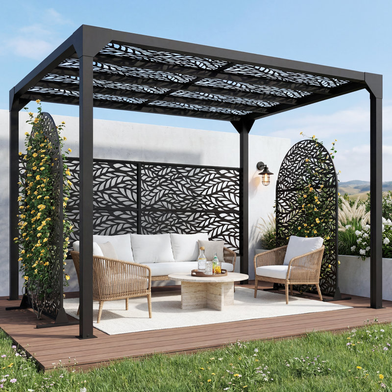 Ensemble de pergola en métal avec 4 écrans d'intimité arqués