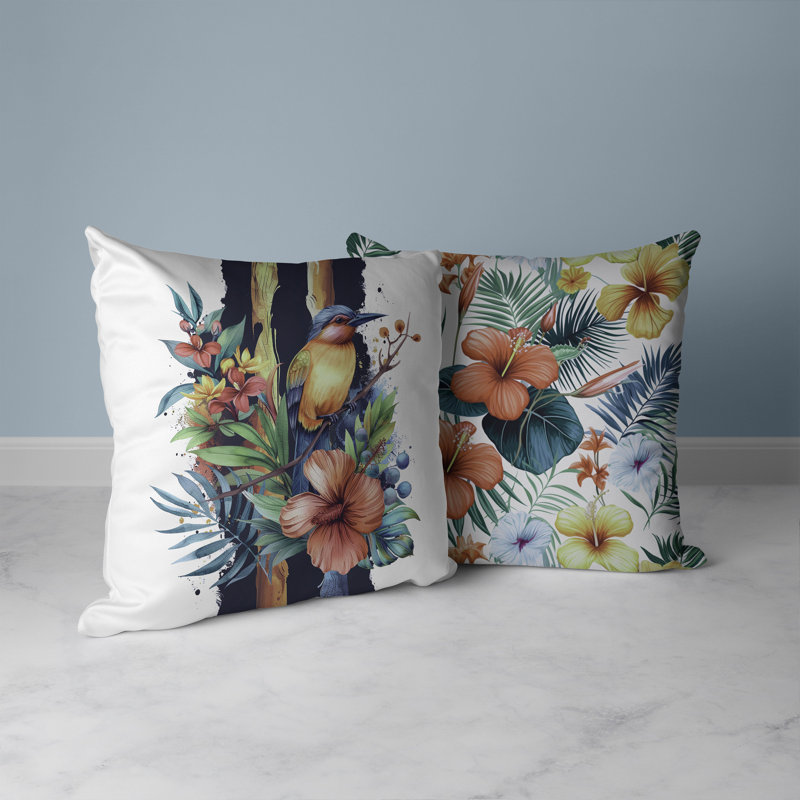 Coussin décoratif intérieur / extérieur Tropical Jungle Bird, Bleu / Vert, H 18 po x l 18 po