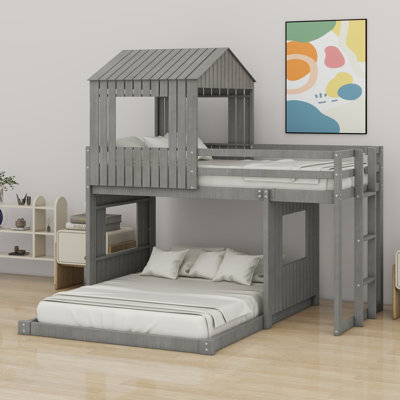 Wooden Bunk Bed, Loft Bed With Playhouse, Farmhouse, Ladder And Guardrails