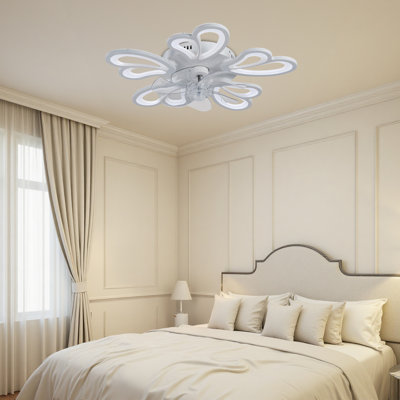 22 In. Modern White Led Flush Mount Ceiling Fan With 5-petal Design, 6 Speeds, 3 Color Modes, Remote