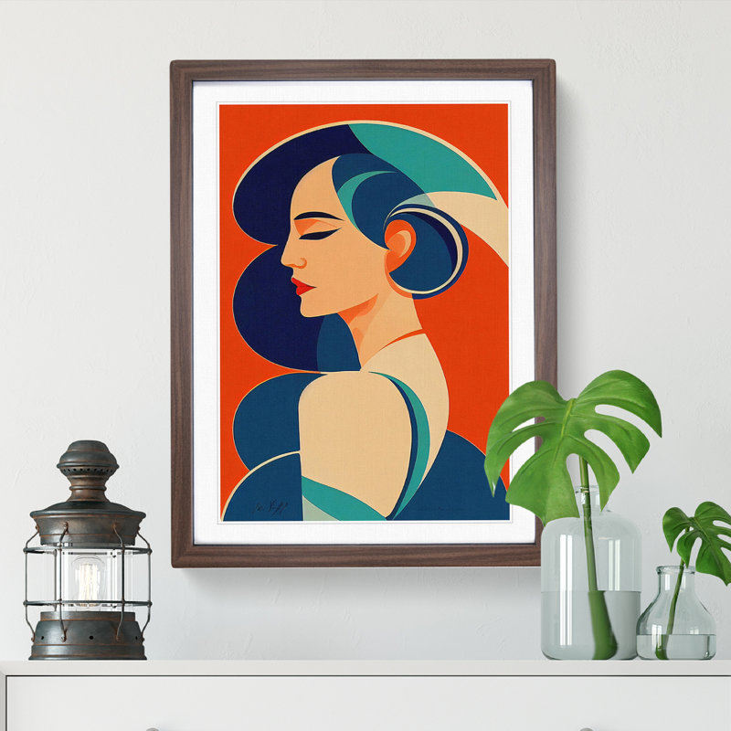 XV1022-5308X Woman in Art Deco No.2 1 Piece Single Picture Frame Wall Art, 46cm H x 34cm W x 2cm D, Walnut