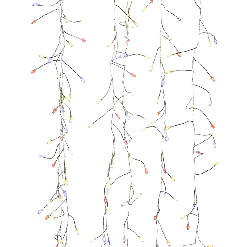 600-Light Multi-Function Electric Firecracker Curtain Light – Dual-Color Warm White and Multi-Color LED Display on Silver Wire with 6 Hanging Drops