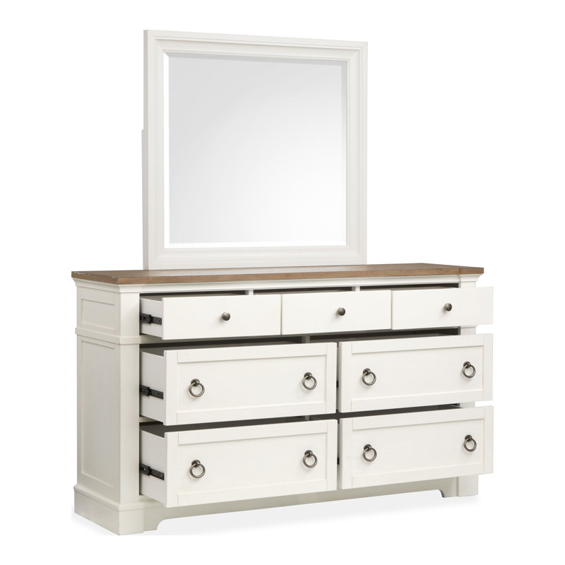 Grand lit à panneau tapissier et commode à tiroirs avec miroir de paysage, Grand lit