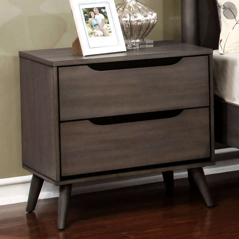 Chambre à coucher avec table de chevet moderne Mid-Century avec 2 tiroirs en bois massif gris