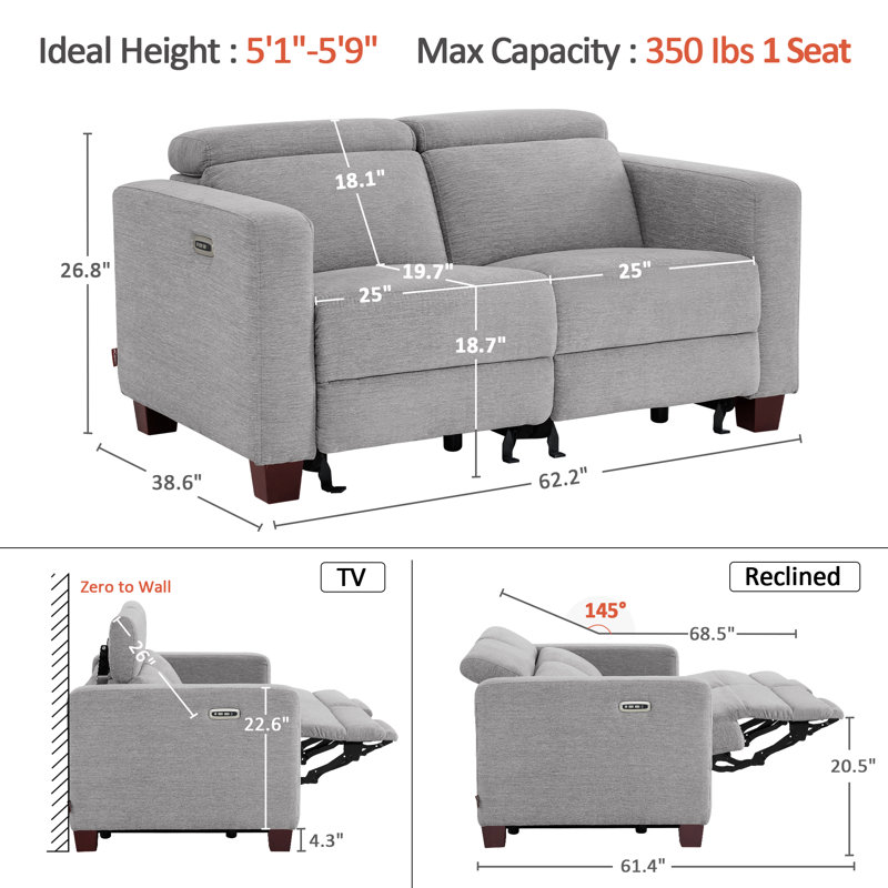 62.2"Wide Zero Clearance Power Recliner Loveseat Sofa with Adjustable Headrest, Gray