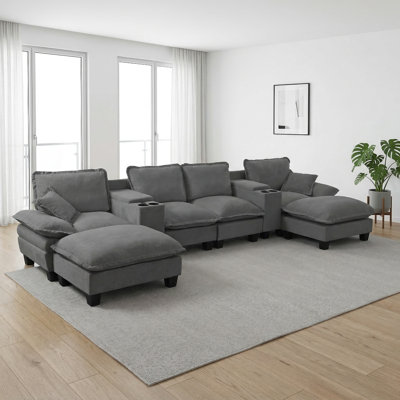 Canapé modulaire Cloud, canapé voilier en U avec 2 consoles centrales de rangement et porte-gobelets, port USB, 2 repose-pieds et 2 coussins, chenille pour appartement et salon, gris