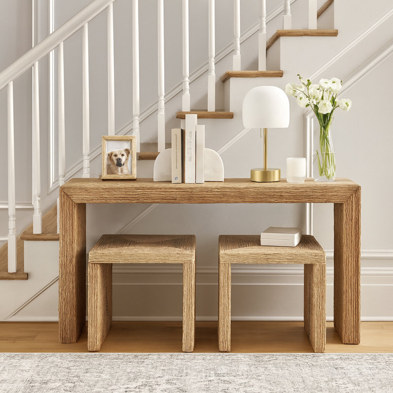 Handcrafted Acacia and Banana Woven Console Table With Side Tables For Foyer Styling - Narrow Entryway Storage And Hallway Sofa Table For Living Room - 55", Brown/Tan