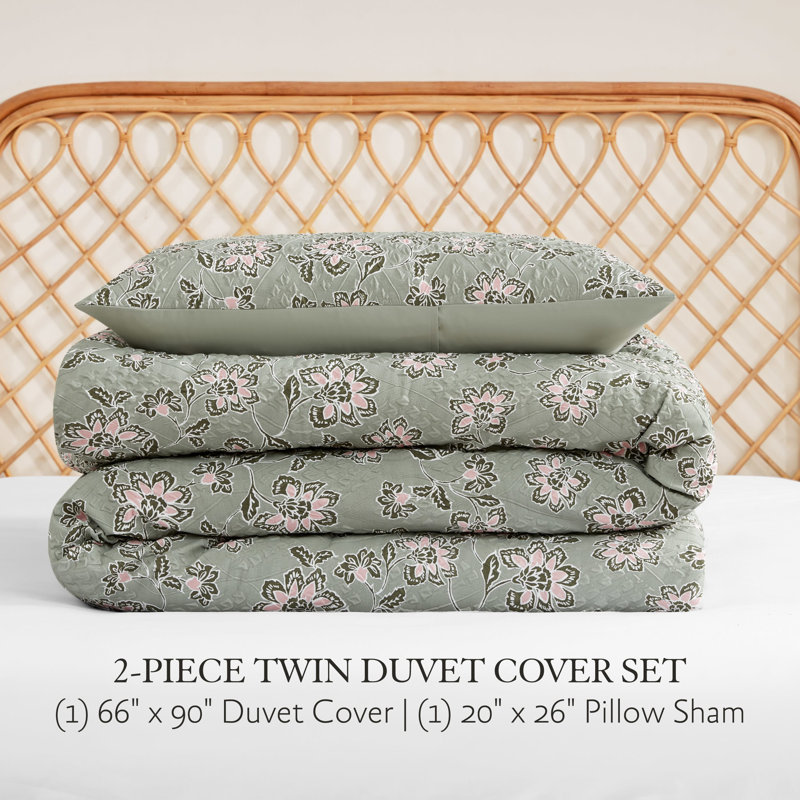 Sage Green Botanical Embossed Twin/Twin XL Polyester Duvet Cover Set
