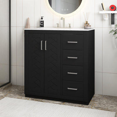 30'' Solid Wood Frame Black Freestanding Bathroom Vanity Set With Ceramic Top