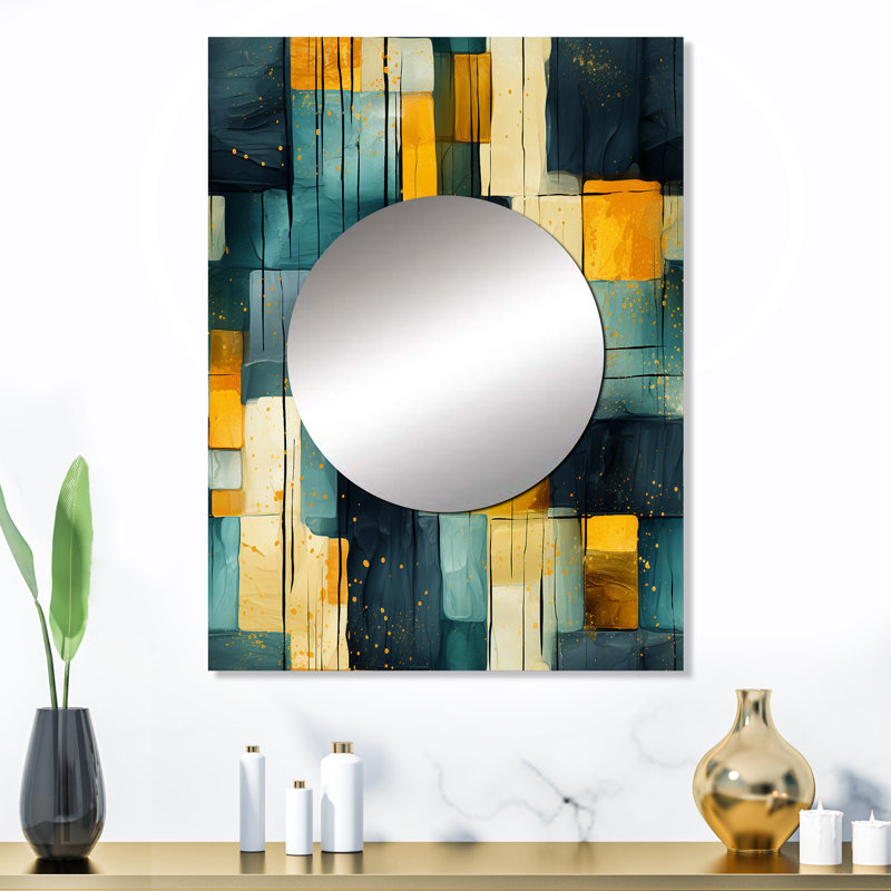 Aiyaan jaune et bleu sarcelle abstrait géométrique Fusion - miroir mural décoratif géométrique, grand miroir moderne, impression d'art en métal