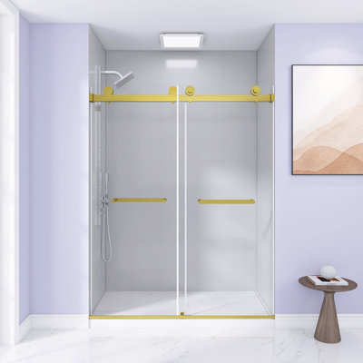 Porte de douche coulissante double sans cadre l 56 à 60 po x H 74 po, verre trempé de 5/16 po (8 mm), film antidéflagrant, poignée en acier inoxydable, rail tubulaire carré, or brossé