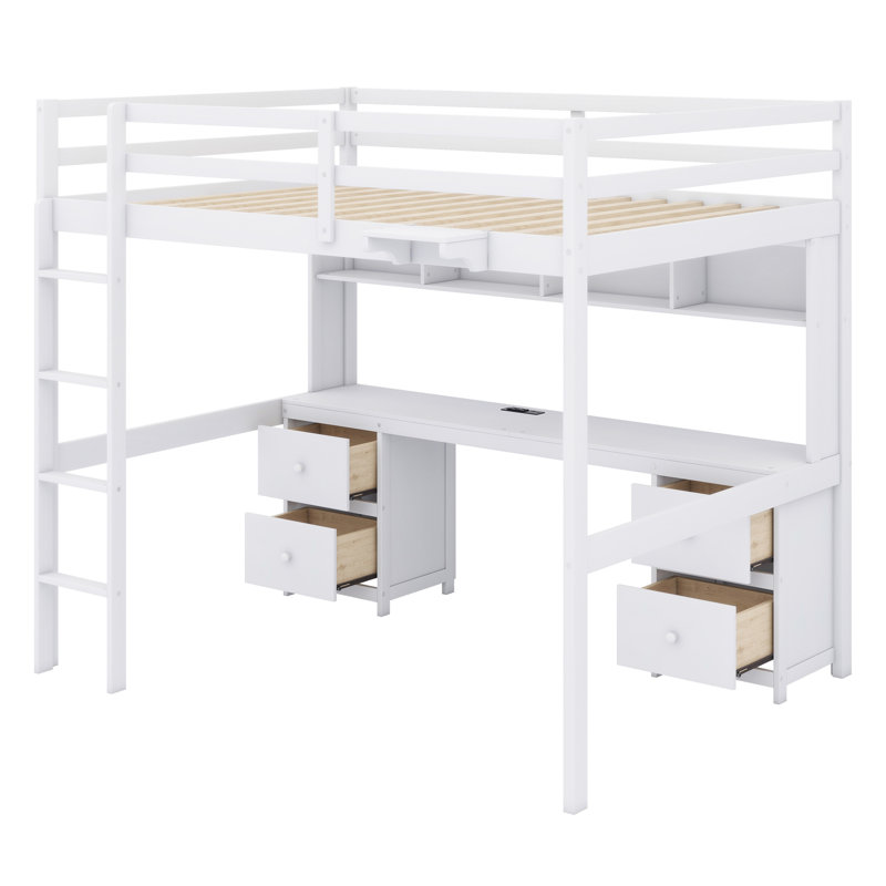 Loft Bed With Desk, Cabinets, Drawers And Bedside Tray, Charging Station, White