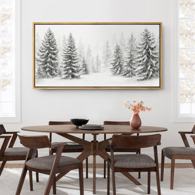 Large Framed Canvas Print Wall Art - Pine Trees Forest Landscape Print for Winter Wall Decor