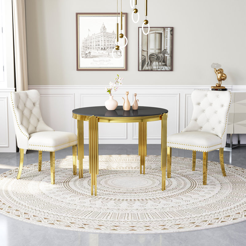 37"Modern Glass Dining Table Set, Irregular Stainless Steel Table Legs And Velvet Tufted Backrest Chairs, Black, White/Gold