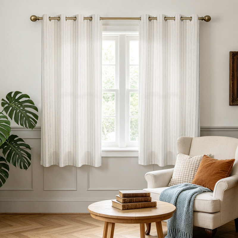 Farmhouse Linen Blend Stripe Semi-Sheer Grommets Curtain Pair, Gray, 52" W x 63" L