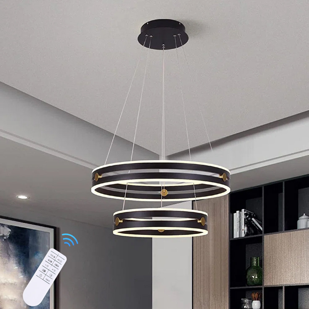 Cyma Modern LED Chandelier Dimmable 2-Ring Pendant Light with Remote Control 64W Black Acrylic Ceiling Light Adjustable Hanging Lighting Fixture for D