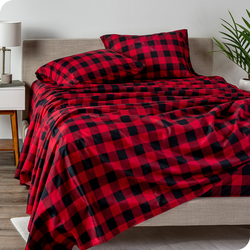 Ensemble de draps en micro-fibre, Ensemble de draps pour lit simple TG + un drap-hou, Carreaux Buffalo - rouge / noir