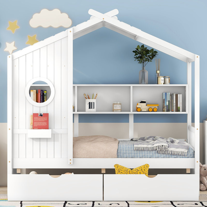 Lit simple blanc avec tiroirs de rangement et toit, semi-fermé pour un espace de sommeil idéal, Twin