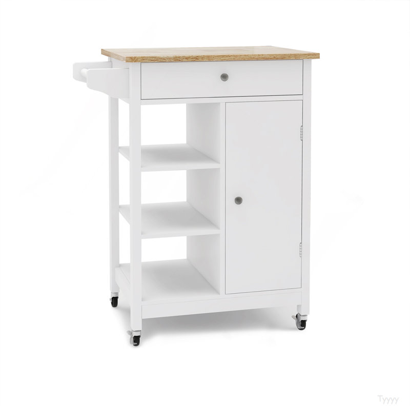 Kitchen Island Rolling Trolley Cart With Adjustable Shelves And Towel Rack Rubber Wood Table Top