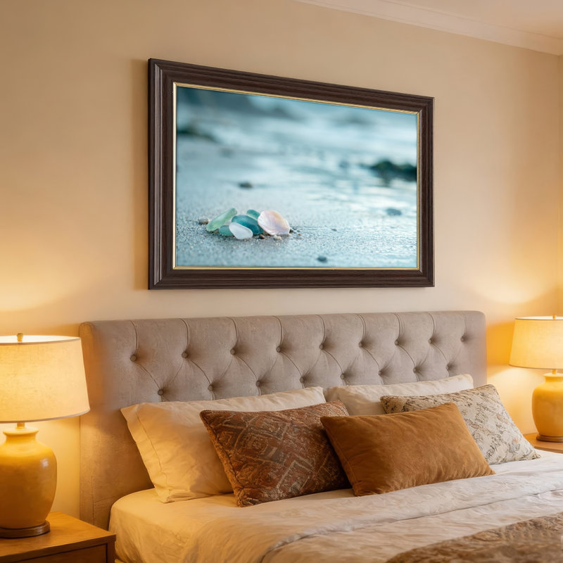 Art mural antique sur toile encadré doré pour le salon, la chambre à coucher, le bureau ou le vestibule - Décoration murale décorative avec verre de plage