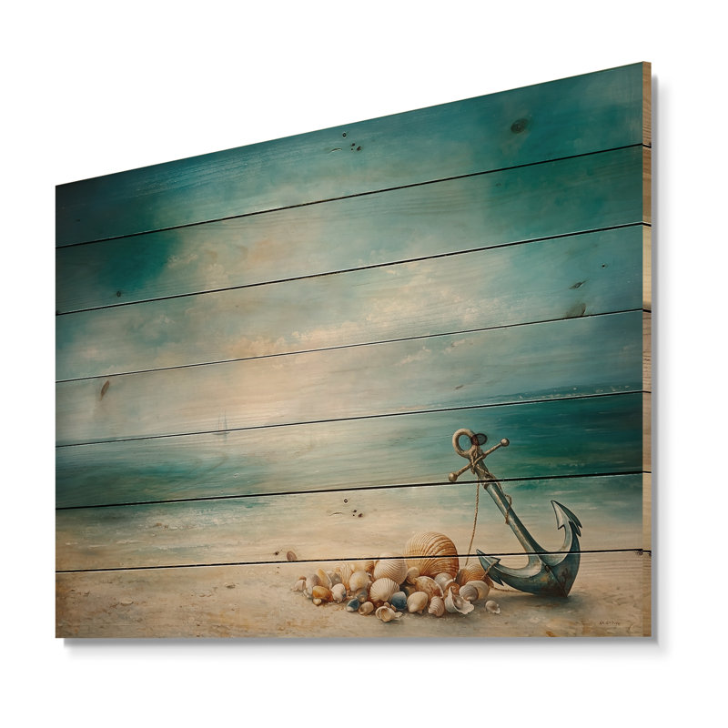 Ancre et coquillages - art mural en bois côtier sur bois de pin naturel, H 34 po x l 44 po
