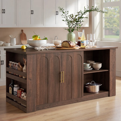 Îlot de cuisine moderne de 160 cm avec rangement, portes cintrées et étagères, noyer