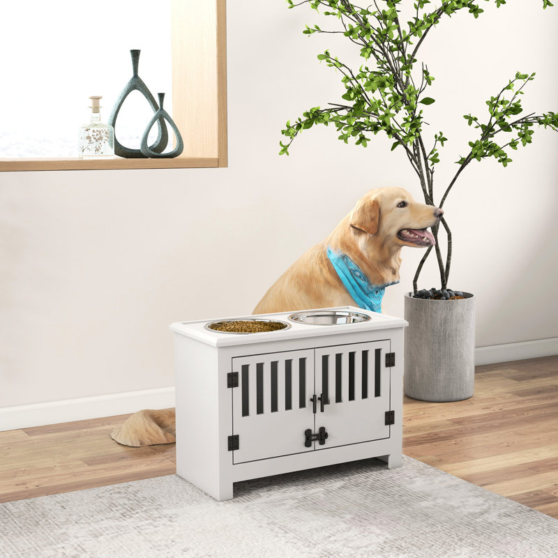 Poste d'alimentation pour chien surélevé avec armoire, capacité de 37 L, blanc, répond aux exigences des grands chiens