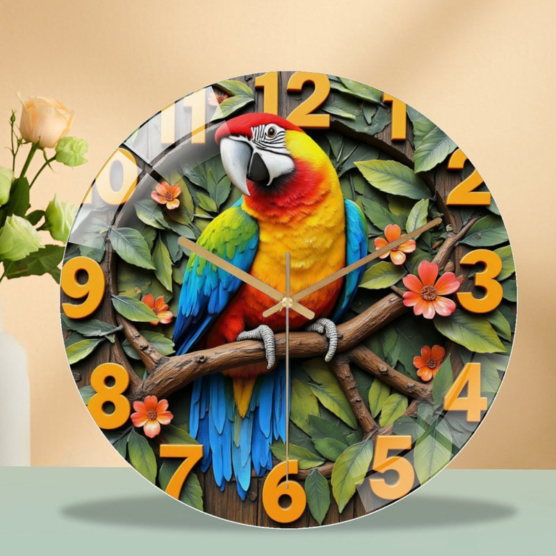 Horloge murale colorée ara avec fleurs et feuilles - Horloge murale moderne en verre 12 po