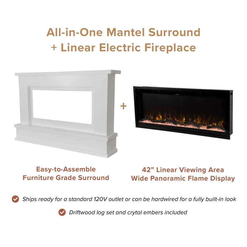 Modern Ember Patton 64" Mantel Package with 42" Electric Fireplace - Works w/ Alexa and Google Asst, White