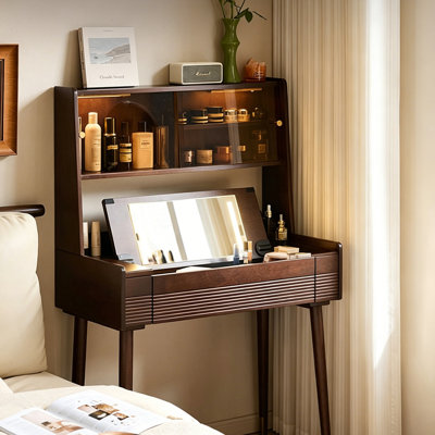 Coiffeuse 31,5 "en bois massif brun simple avec miroir relevable