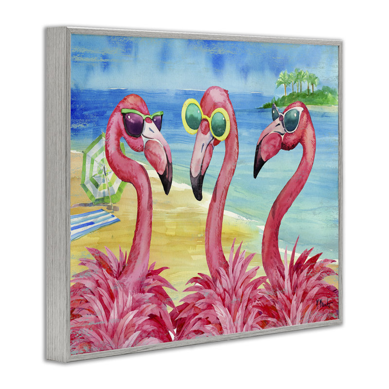 Flamant rose, copines, côte tropicale blanche, estampe numérique encadrée par Paul Brent, H 11 po x l 14 po x P 1,5 po