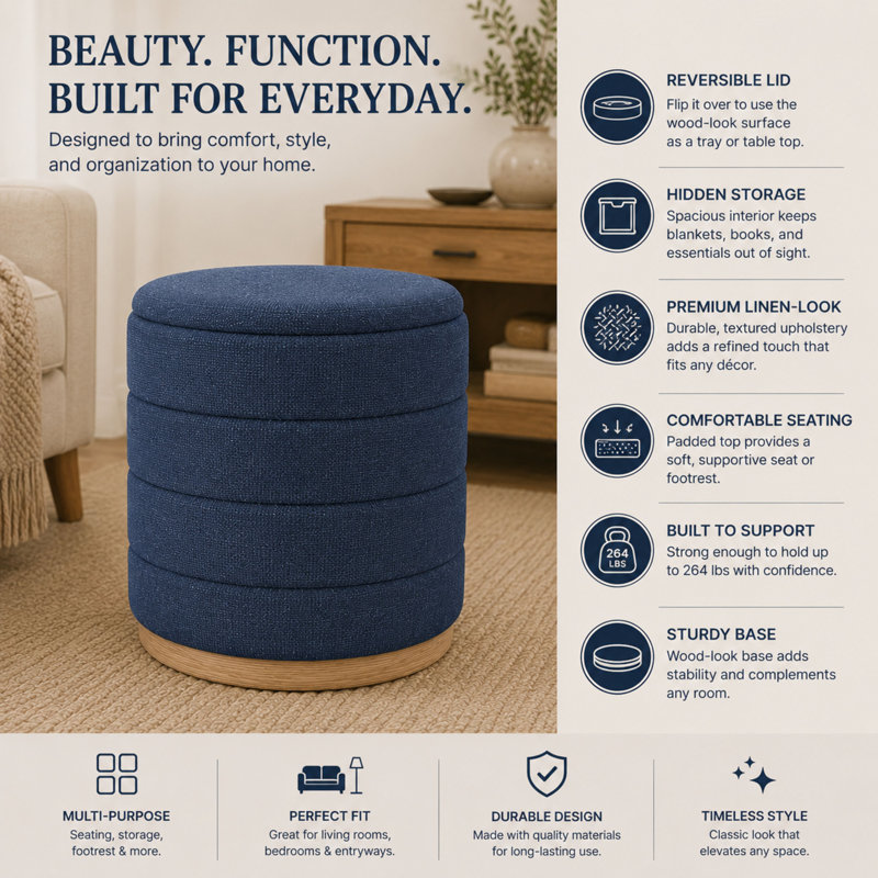 Tessa 16" Linen Upholstered Cylinder Storage Ottoman with Removable Lid and Hidden Storage, Dark Blue, Dark Blue