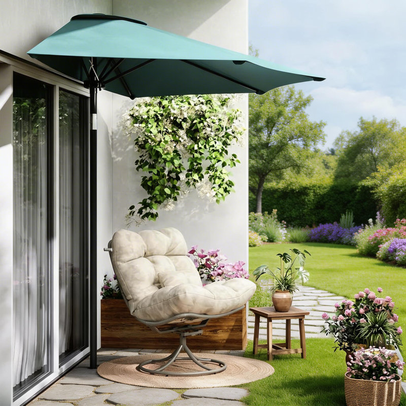 Demi-parasol de patio extérieur 9 pi avec manivelle lisse, Bleu