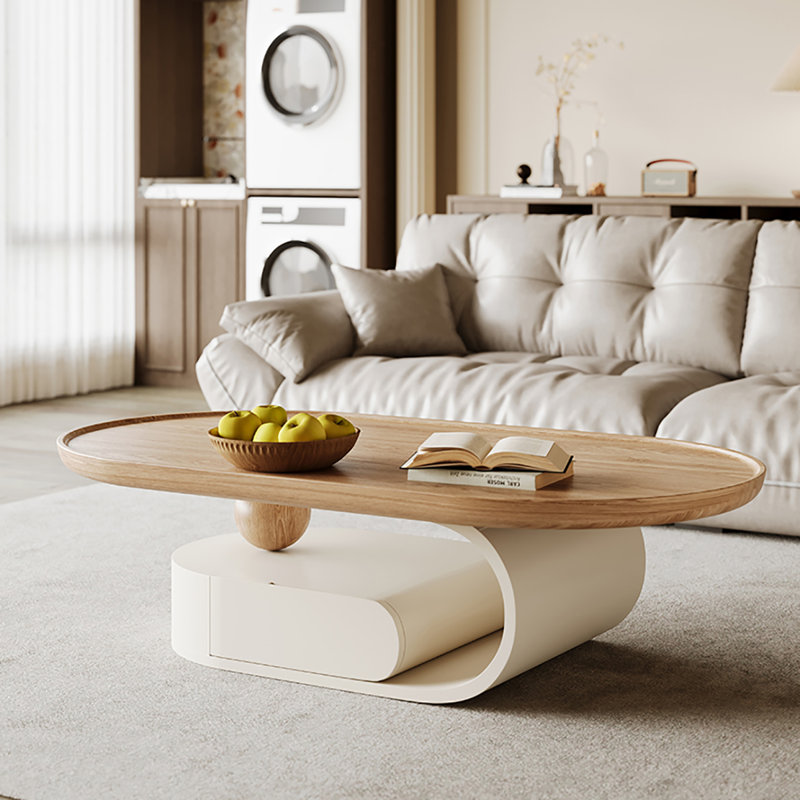 Oval modern simple cream coffee table, 15.7" H x 51.2" L x 27.6" W