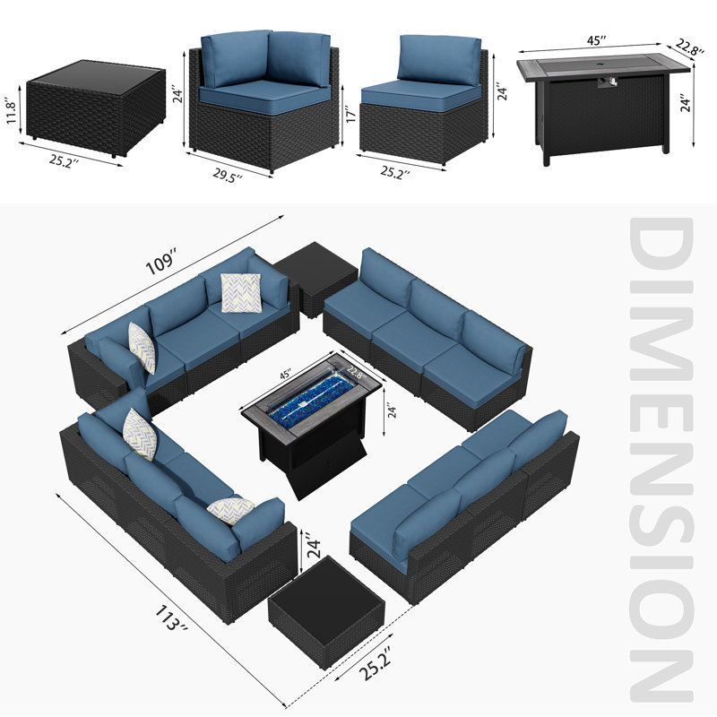 Ensemble de conversation d'extérieur pour 12 personnes avec table foyer, Marine, Noir