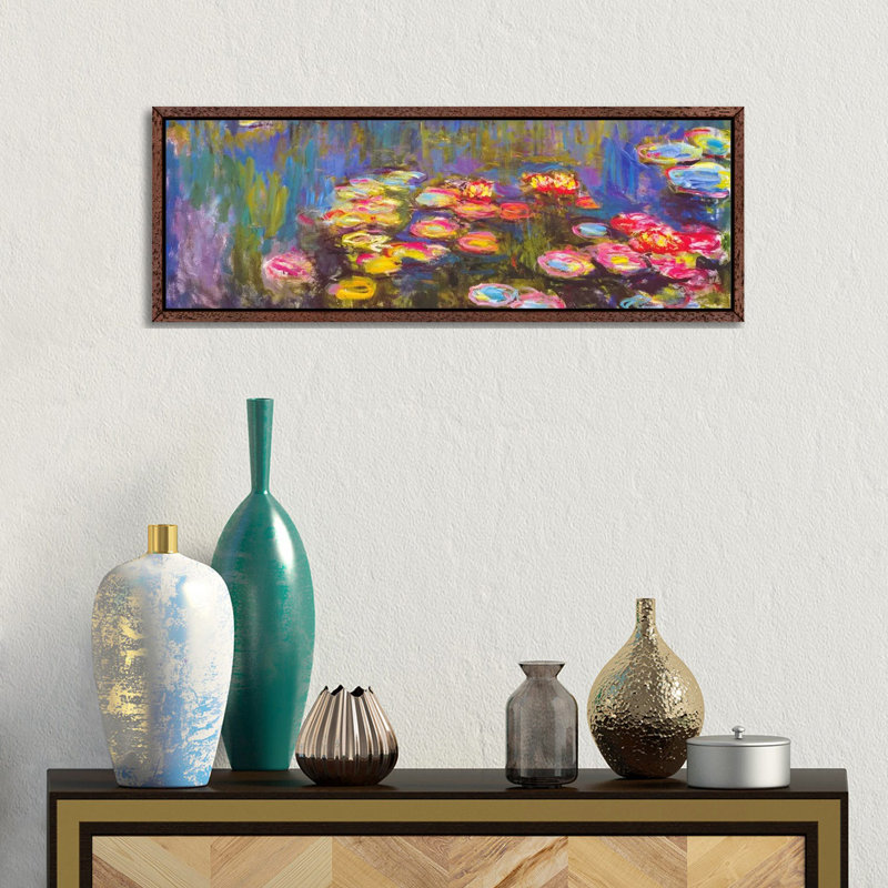 Water Lilies by Claude Monet - Floater Frame Panoramic Painting on Canvas, 30.48 cm H x 91.44 cm W, Brown Framed