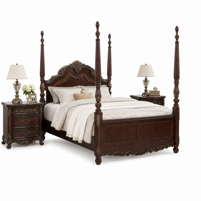 Ensemble de chambre à coucher grand lit, brun, or, bois brun, ensemble de 3 pièces avec 2 tables de chevet