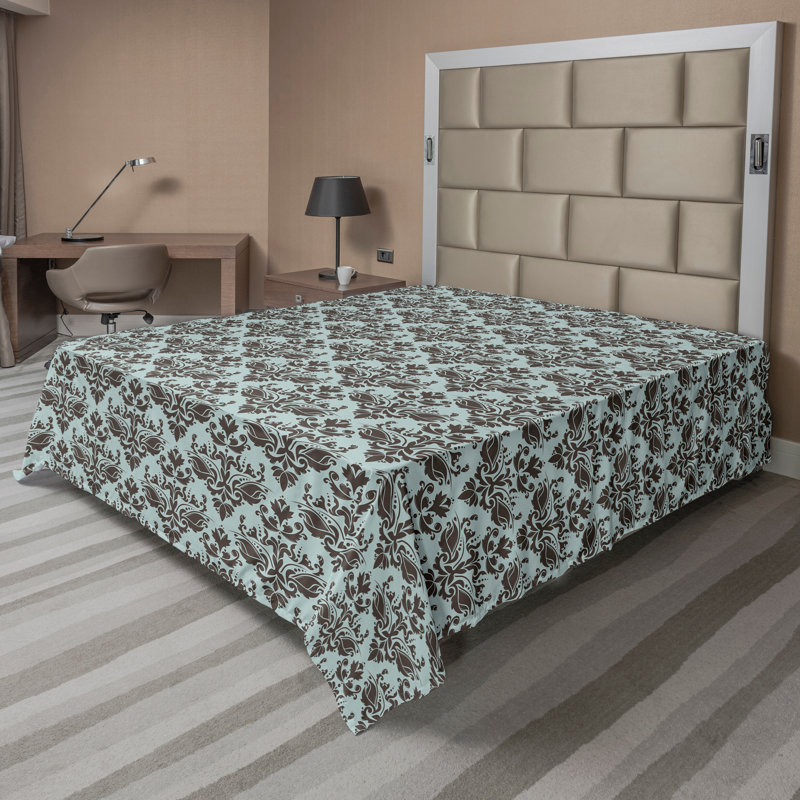 Ambesonne Top Flat Sheet Curving Art, Teal Brown Damask, California King Flat Sheet