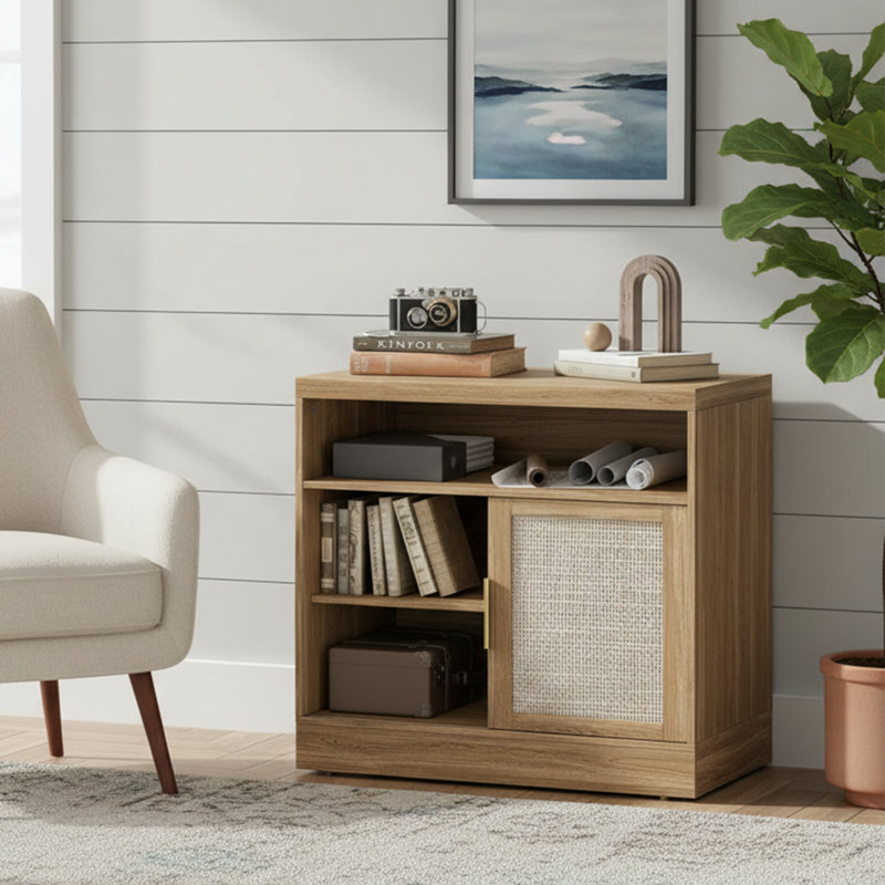 Classeur latéral en rotin 32 po avec tablettes réglables pour bureau à domicile 32 po, Bois naturel, Rotin