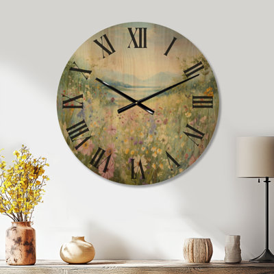 Grande horloge minimaliste à fleurs sauvages - champ de fleurs vert avec couronne de simplicité, imprimé sur bois