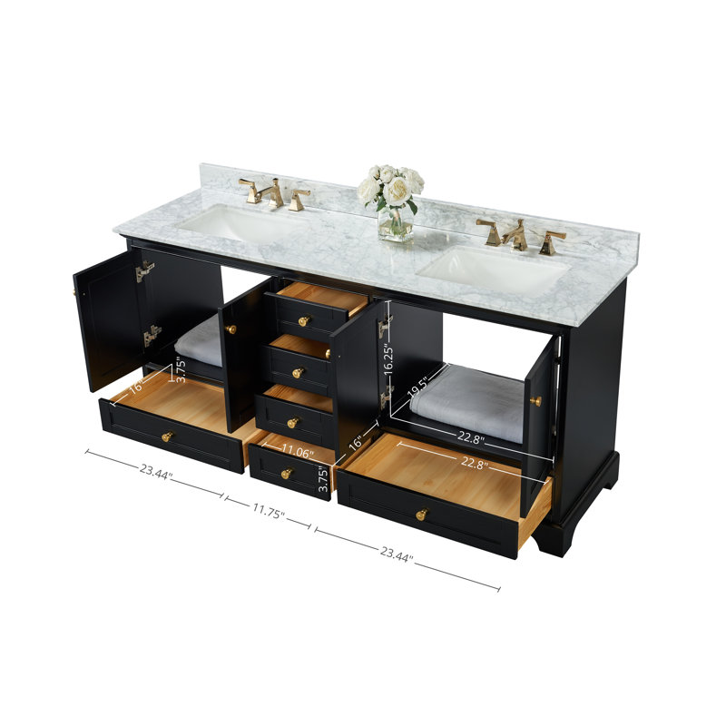 Audrey 66'' W Double Vanity, Carrara White, Black Onyx | Brushed Gold