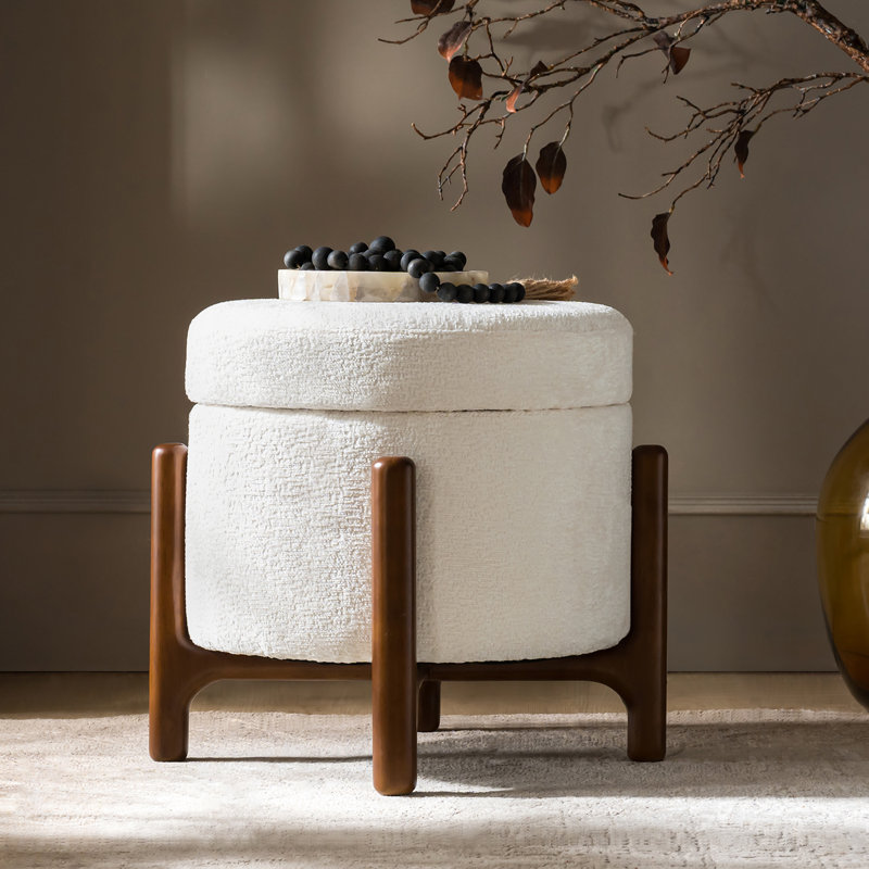 Lessman Modern 20"W Chenille Fully Assemble Round 4-in-1 Ottoman with Solid Wood Base, Ivory