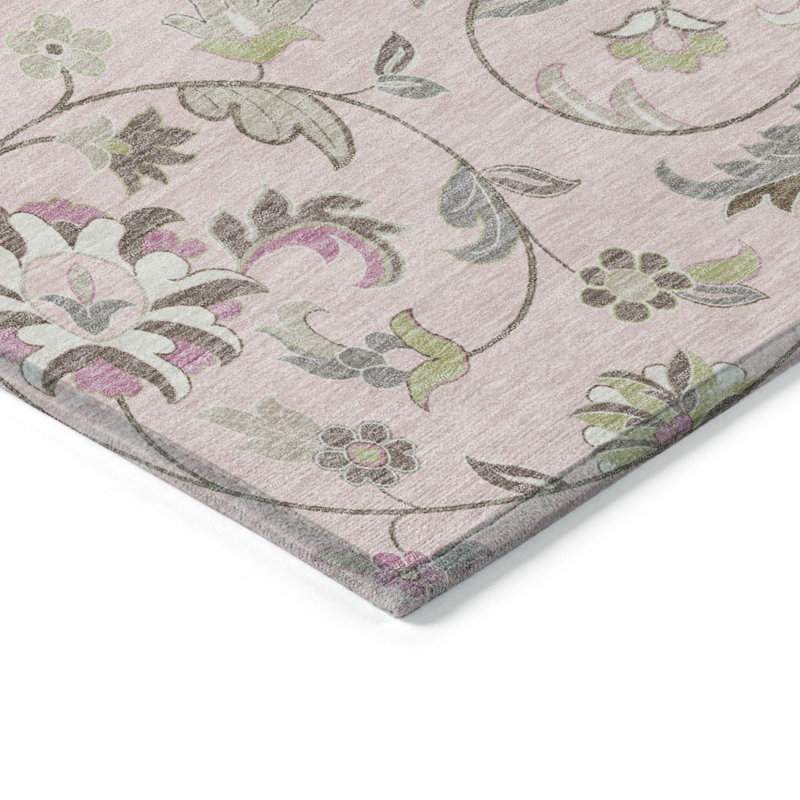 Tapis intérieur lavable floral 9 pi x 12 pi rose, vert et gris