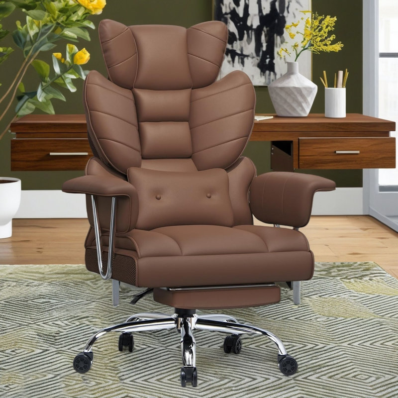 PU Leather Executive Chair with Footrest and Lumbar Support, Brown