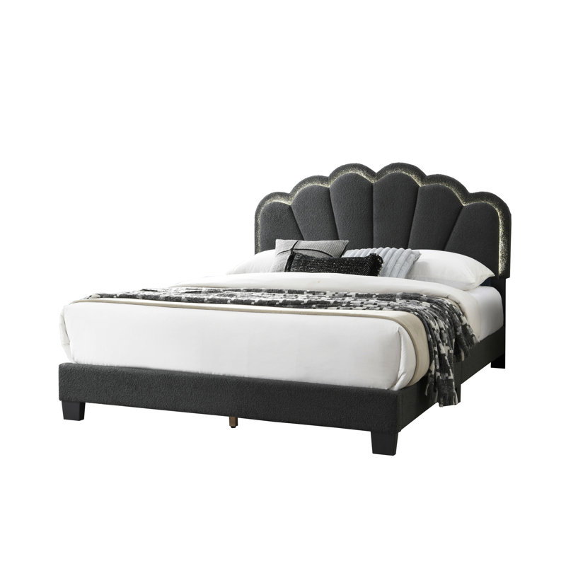 Grand lit, gris anthracite, tête de lit avec lumières à DEL, sans sommier, fabrication en bois pour lit capitonné festonné