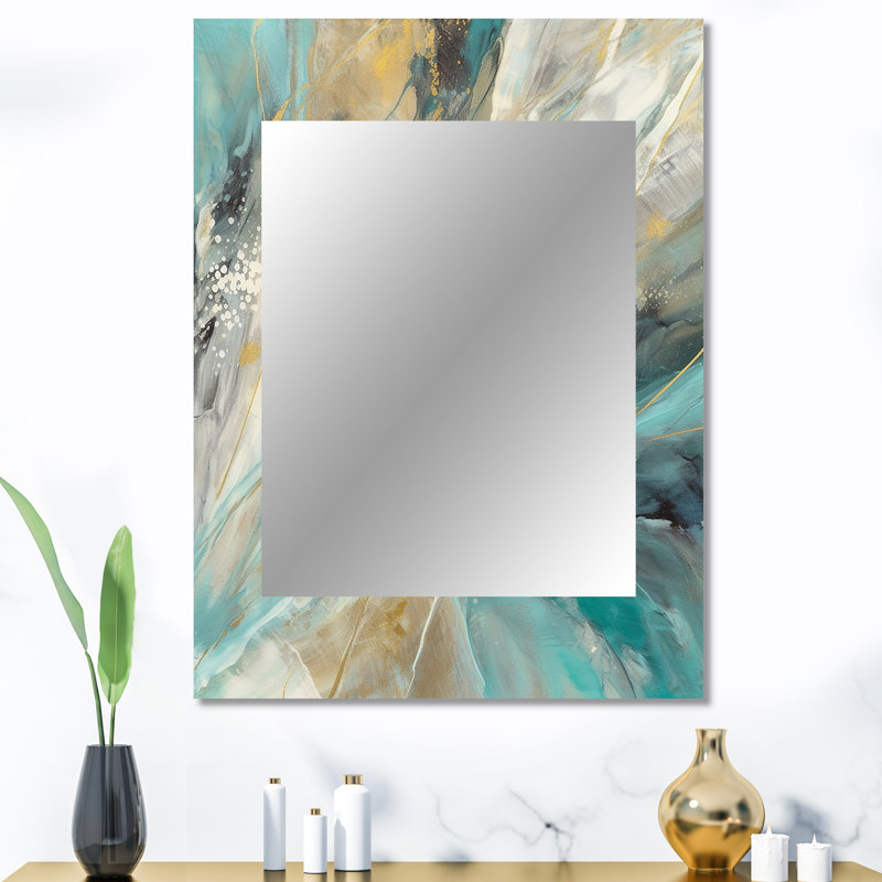 Golden Hour In Turquoise Waves IV - miroir unique abstrait, grand miroir mural moderne, impression d'art en métal