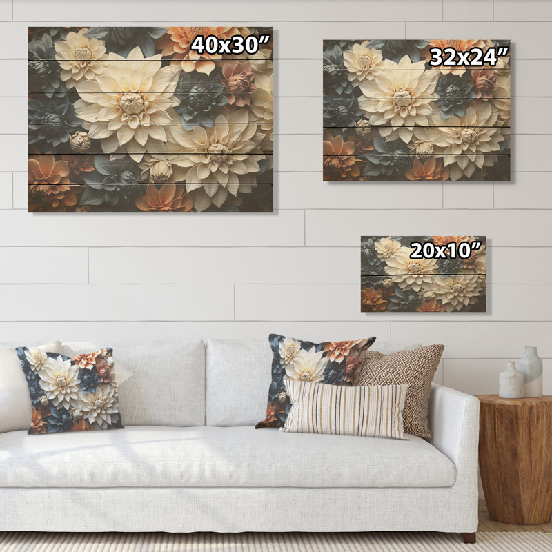 Mums In Stormy Grey Tones - Mums Wood Art On Natural Pine Wood, 10" H x 20" W