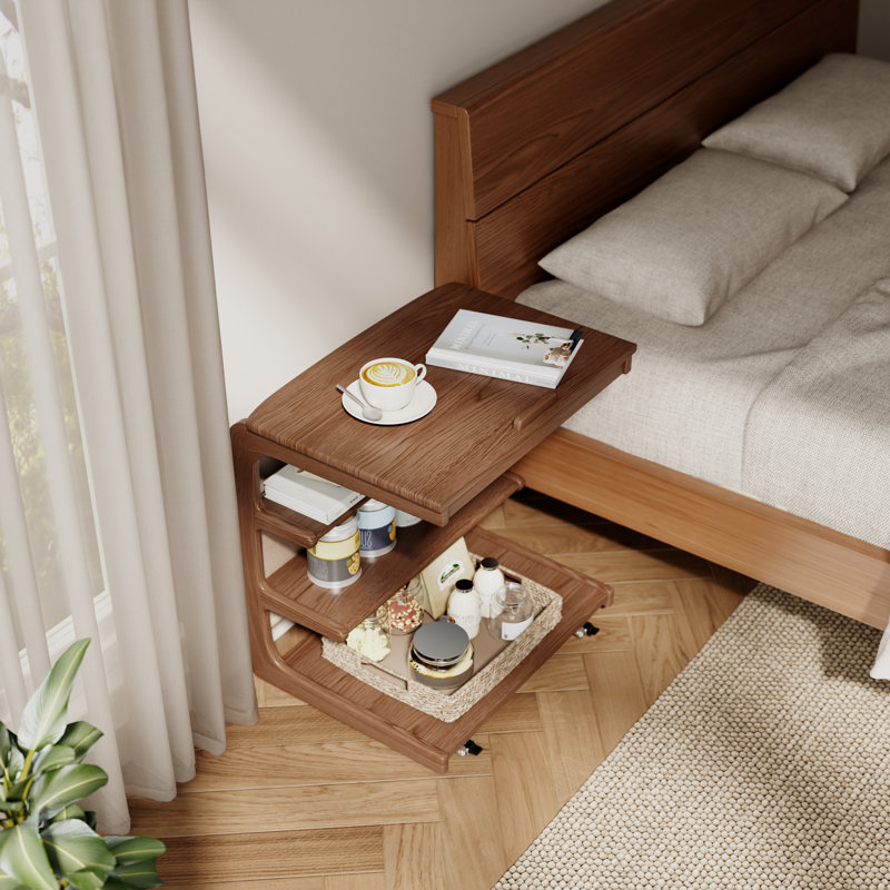Table à plateau rabattable avec rangement, table de bout mobile en bois massif avec roulettes, table d'appoint polyvalente pour le bureau à domicile