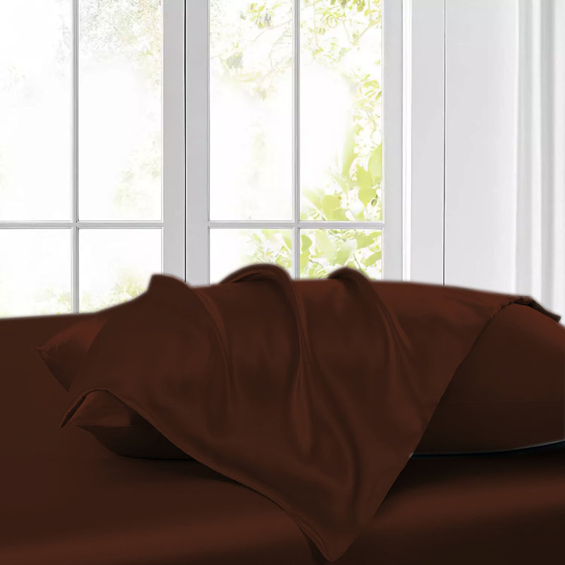 Ensemble de draps 4 pièces en satin doux et soyeux, Ensemble de draps pour grand lit avec 2 taies d'or, Brun